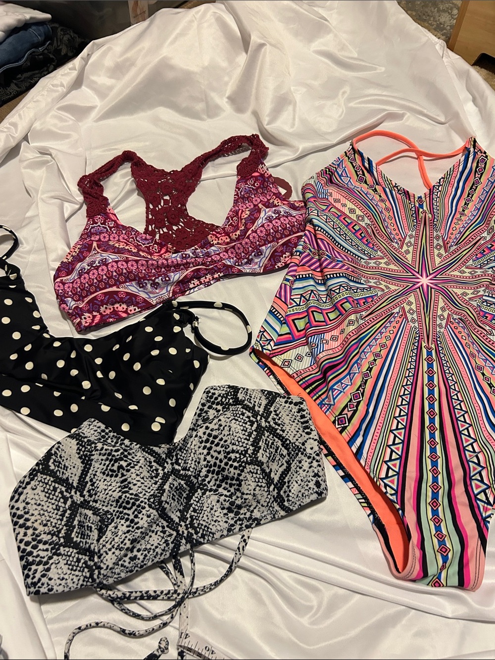Colorful Geometric One-Piece and 3 bikini tops : approx P2P 13”
